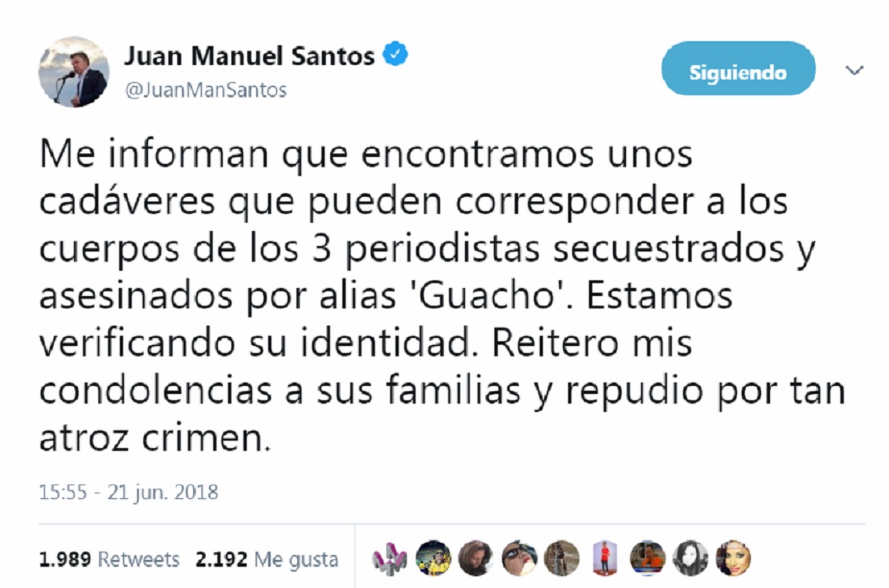 Twitter del presidente Juan Manuel Santos, hallan cuerpos de periodistas.