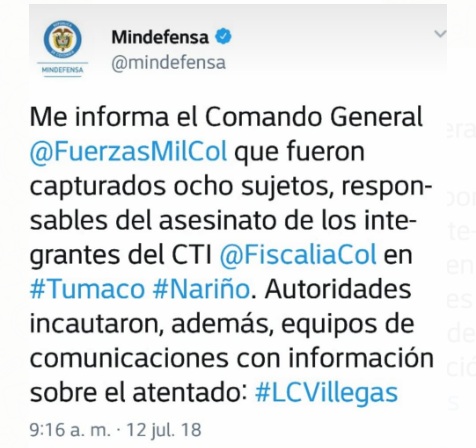 Con este mensaje en la cuenta oficial de Twitter el Ministerio de Defensa dio a conocer la información de la captura de presuntos implicados en el triple crimen.