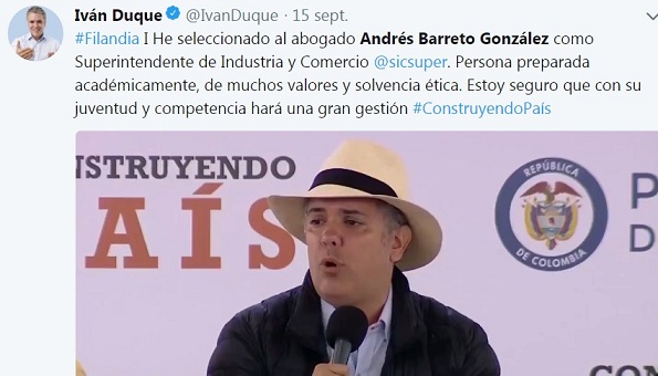 Así publicó el presidente Iván Duque en su cuenta oficial su decisión de nombrar a Barreto en la Superintendencia. 