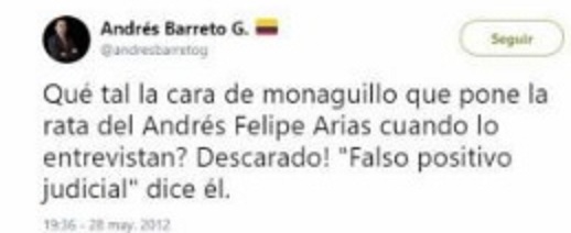 Andrés Barreto señaló de 'rata' a Andrés Felipe Arias a través de su cuenta de Twitter. 