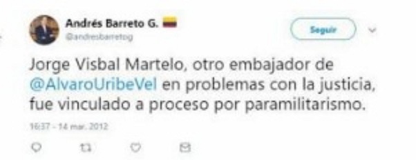 Twitter de Andrés Barreto publicado en su cuenta personal. 