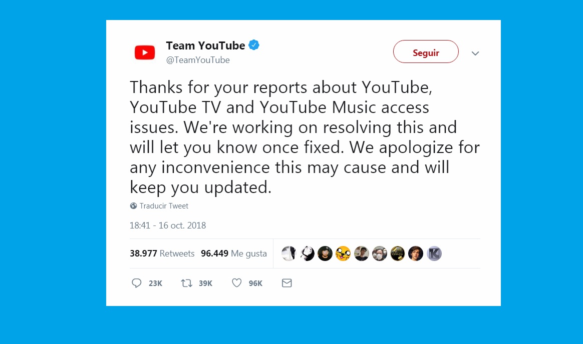 El mensaje de Youtube con el se confirmó la dificultad.