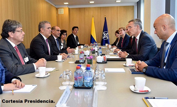 Reunión de trabajo del presidente Iván Duque y el Secretario General de la OTAN, Jens Stoltenberg, junto con sus respectivas delegaciones en Bruselas.