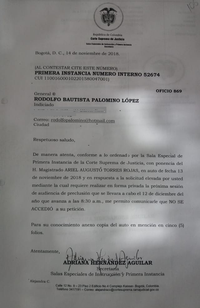 Respuesta de la Corte Suprema de Justicia a solicitud del general Rodolfo Palomnino de hacer audiencias en privado. 