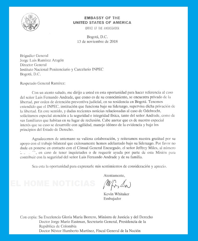 Esta es la carta dirigida al director del Inpec, general de la Policía Jorge Luis Ramírez. 