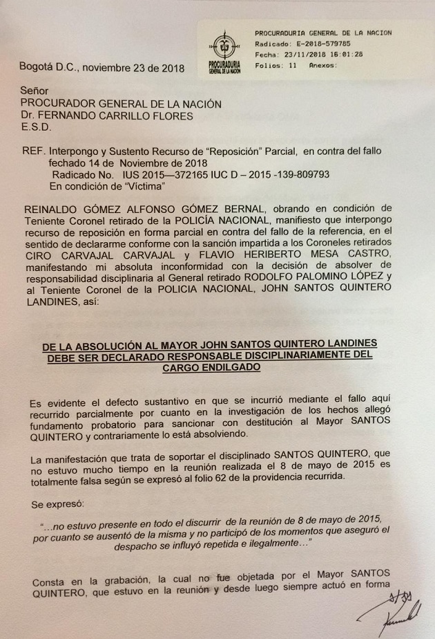 Primera página del recurso de reposición del coronel Reinaldo Gómez.