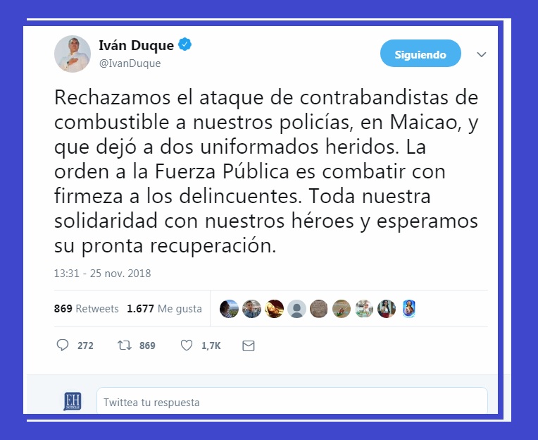 El presidente Iván Duque rechazó el ataque de los contrabandistas de gasolina a un camión de la Policía Fiscal y Aduanera. 