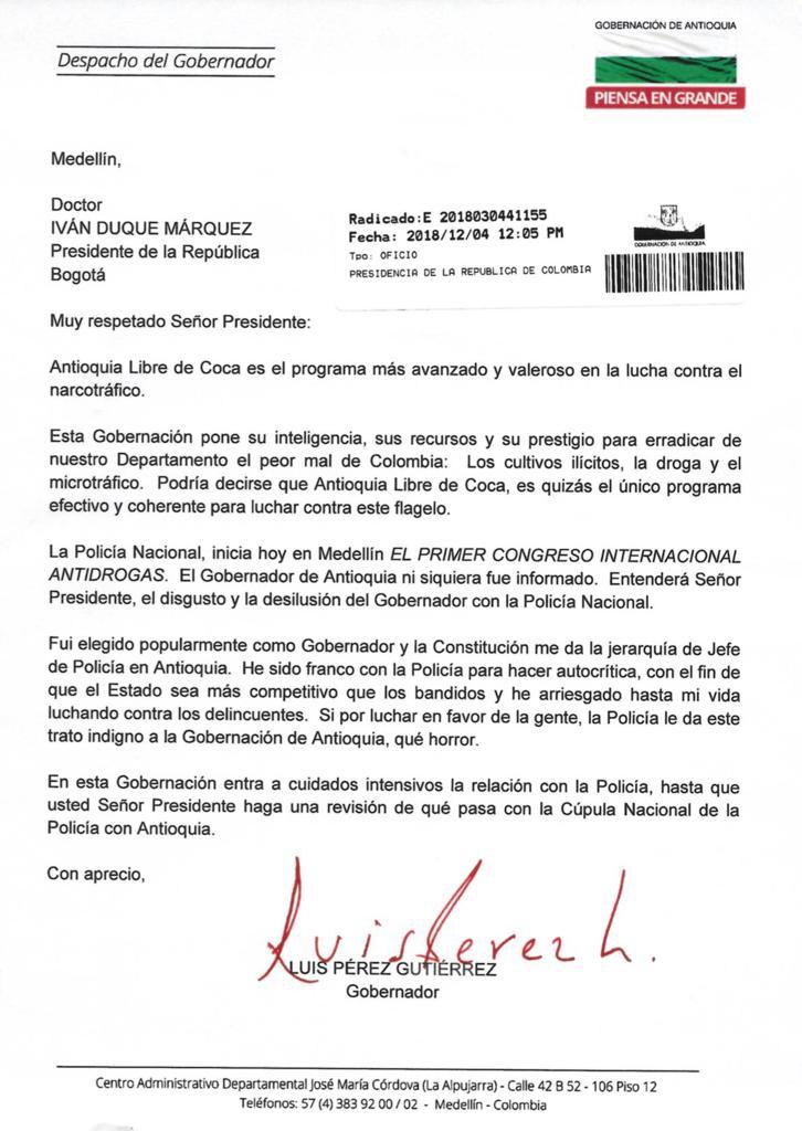 Con esta carta el gobernador de Antioquia dio a conocer su disgusto con la Policía. 