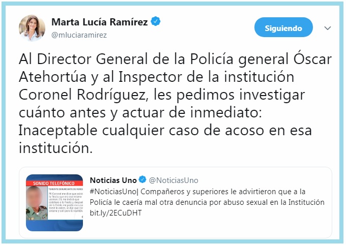 La vicepresidente publicó en su cuenta de Twitter que el director de la Policía inicie la investigación del caso denunciando por una teniente del Cesar. 
