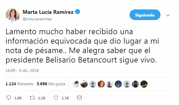 Con este trino la vicepresidente Marta Lucía Ramírez presentó disculpas por su error