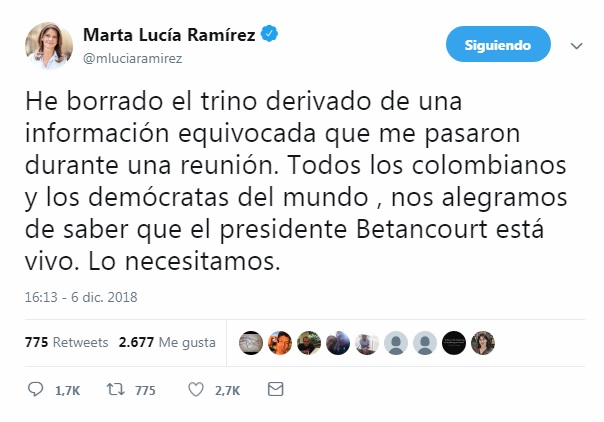 Marta Lucía Ramírez, vicepresidente de Colombia borró el mensaje que daba cuenta de la muerte del expresidente Belisario Betancur.