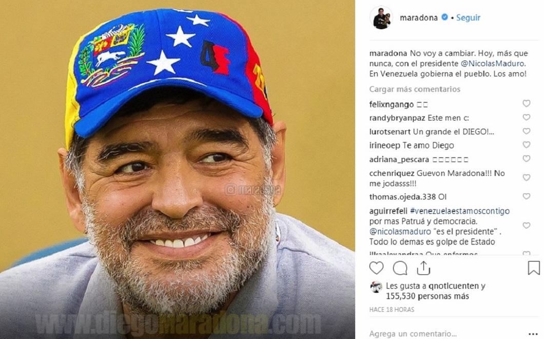 Diego Armando Maradona, el mítico 10 de la Selección Argentina, publicó esta foto acompañada de un mensaje de respaldo a Nicolás Maduro.