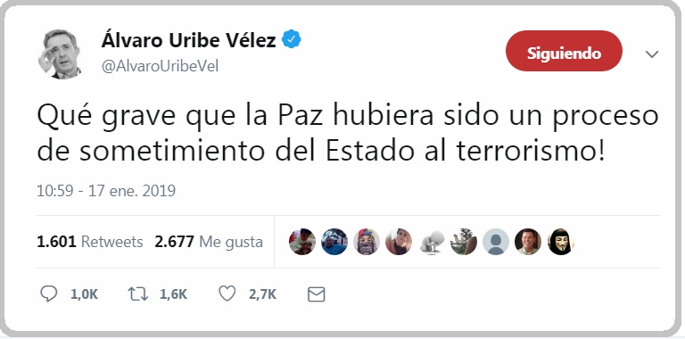 El expresidente y senador, Álvaro Uribe Vélez también se pronunció a través de su cuenta de Twitter.