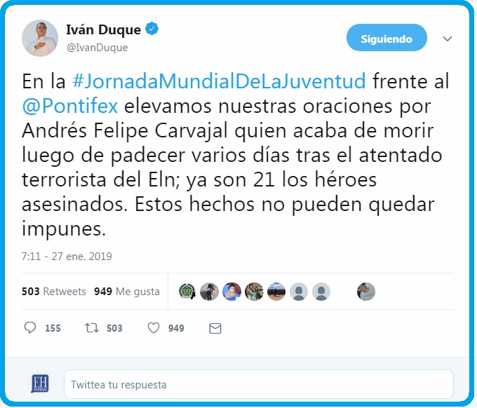 Mensaje del presidente Iván Duque desde Panamá por la muerte del cadete de la Policía Andrés Felipe Carvajal.