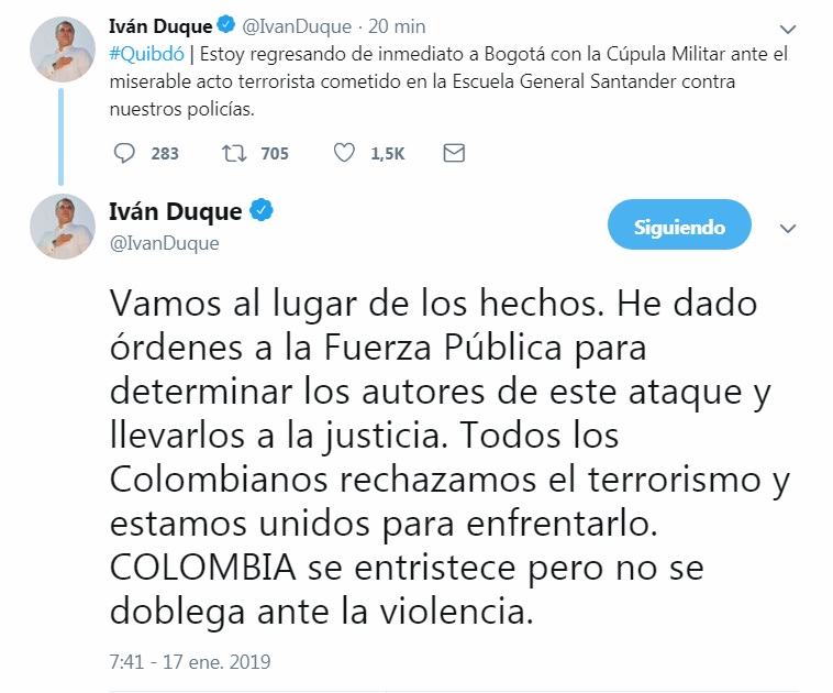 El presidente Iván Duque trinó a través de su cuenta de Twitter que se ha trasladado al lugar del acto terrorista.