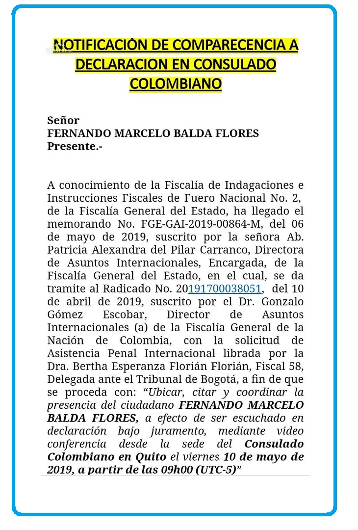 Con este documento se citó este martes a Fernando Balada a declarar los hechos rodearon su secuestro en Bogotá. 