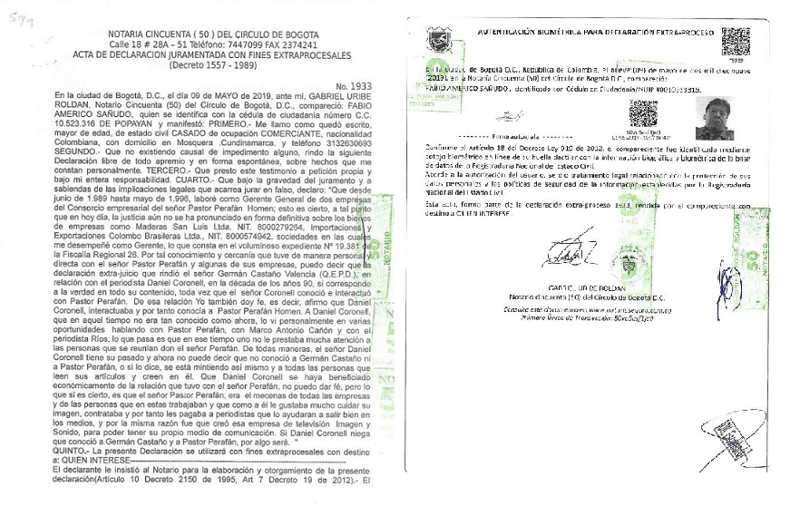 Este es el documento sellado por la Notaria 50 de Bogotá, en la que Fabio Américo Saduño hace una declaración extrajucio.