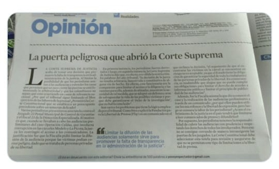 Editorial de EL ESPECTADOR, ante la respuesta de la Corte Suprema de Justicia, que niega la entrada de los periodistas a las audiencias públicas.
