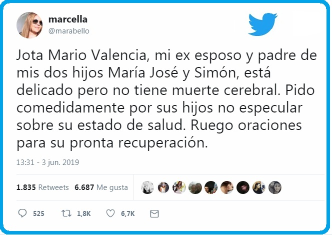 Con este mensaje en su cuenta de Twitter Marcela Abello aclaró la situación de salud de Jota Mario Valencia.