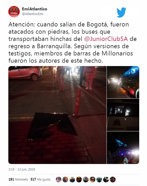 Con este Twitter Emisora Atlántico de Barranquila dio a conocer el ataque a la caravana de los buses de aficionados del Junior.