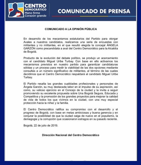 Comunicado de respaldo a Miguel Uribe del Centro Democrático.
