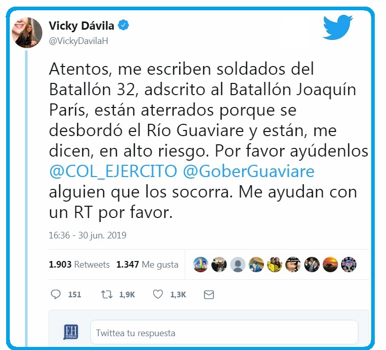 La periodista Vicky Dávila alertó a través de su cuenta de Twitter, de la situación de emergencia en el Batallón de Infantería Joaquín París.