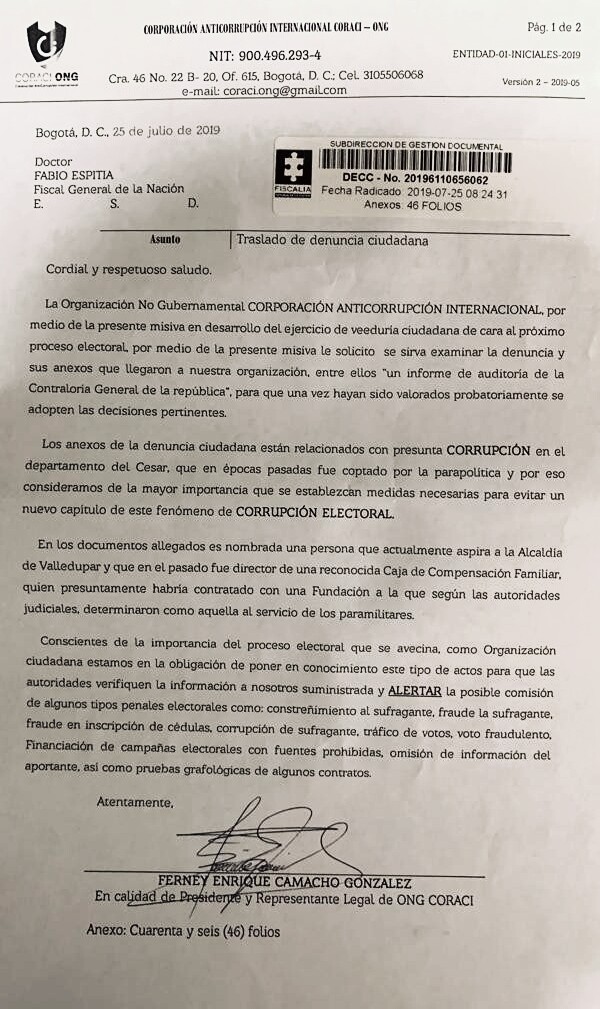  Esta es una denuncia de la ONG Corporación Anticorrupción Internacional de presuntas irregularidades electorales en el Cesar.