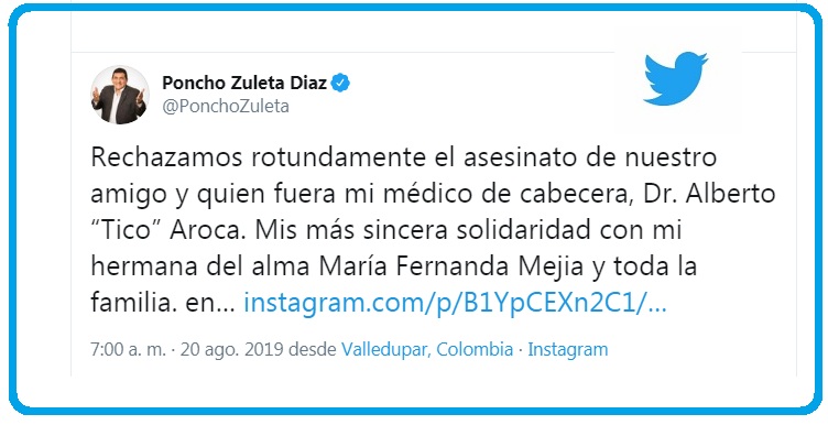 El cantante ‘Poncho’ Zuleta rechazó el asesinato del médico pediatra, Alberto Aroca Saad.