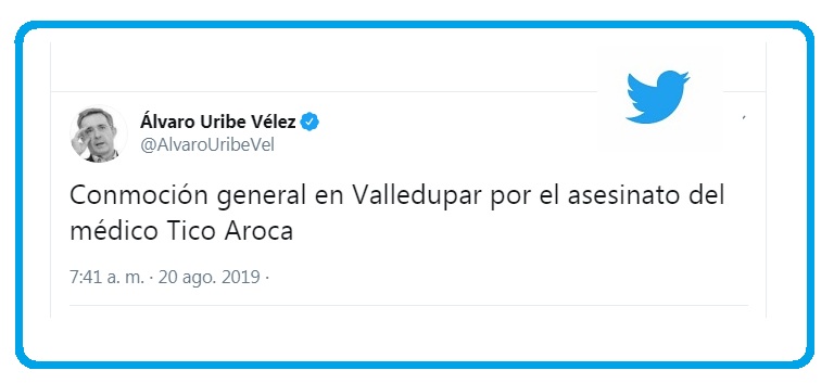 El expresidente Álvaro Uribe Vélez lamentó la muerte del médico de Valledupar, Alberto ‘Tico’ Aroca.