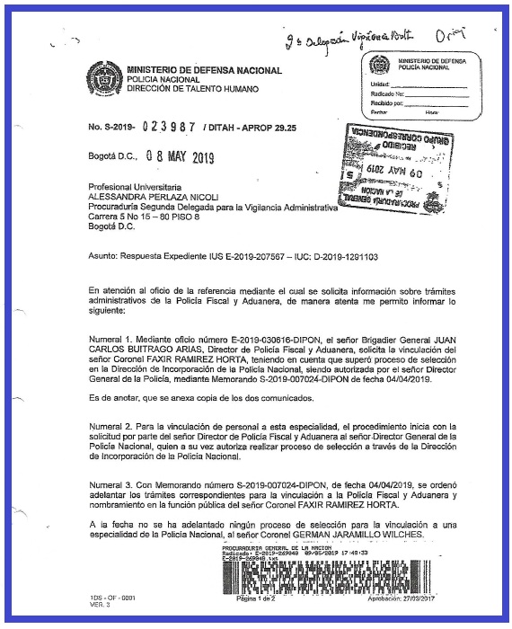 Respuesta del general Álvaro Pico Malaver a la Procuradora delegada, Alessandra Perlaza Nicoli del caso relacionado con la asignación del coronel Faxir Ramírez como subdirector de la POLFA.