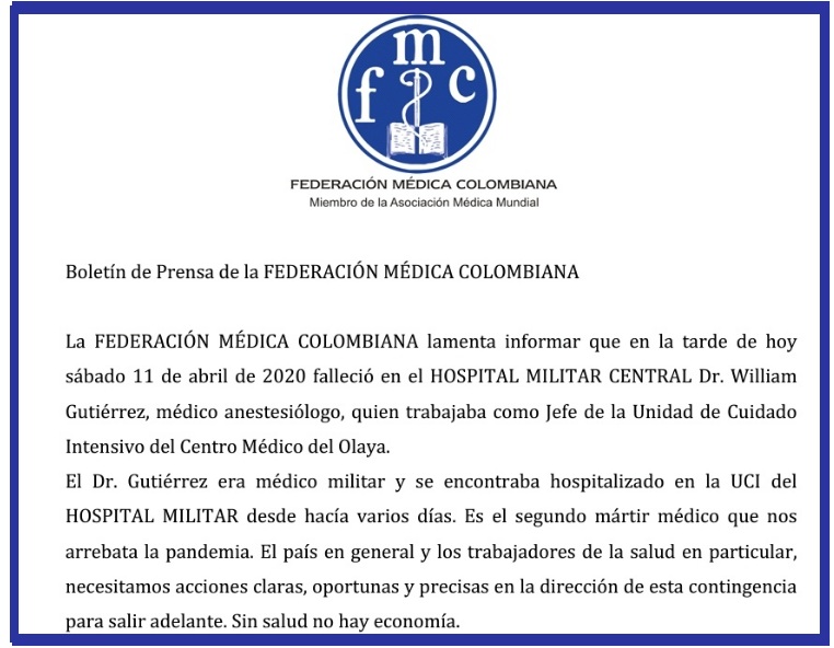 Comunicado de la Federación Médica Colombiana.
