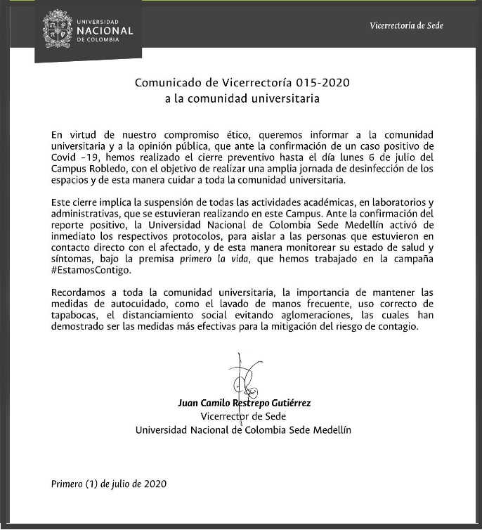 Boletín de prensa de la Universidad Nacional, sede Medellín.