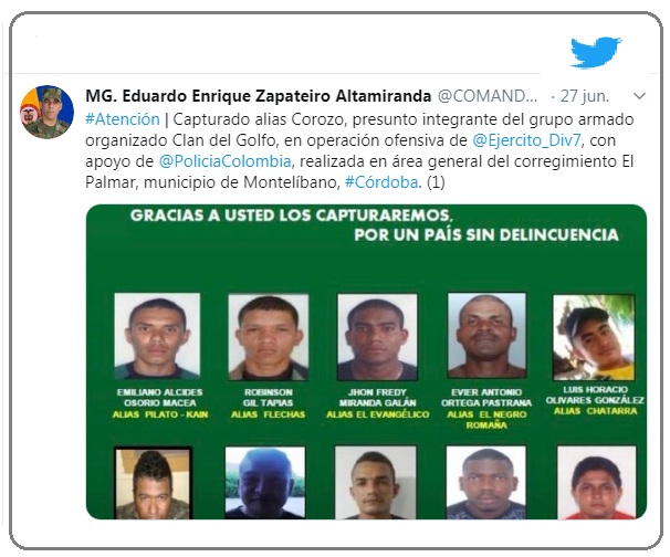 Twitter del general Eduardo Enrique Zapateiro, comandante del Ejército.