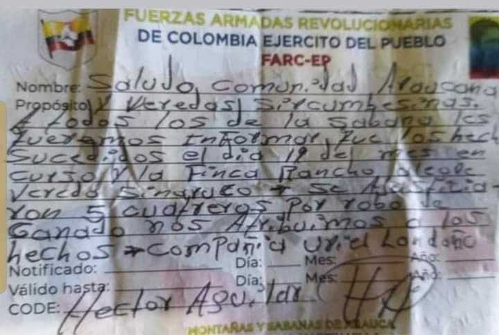 Panfleto de las FARC.