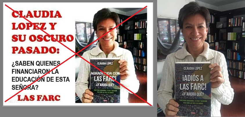 La falsa imagen de Claudia López y la verdadera.