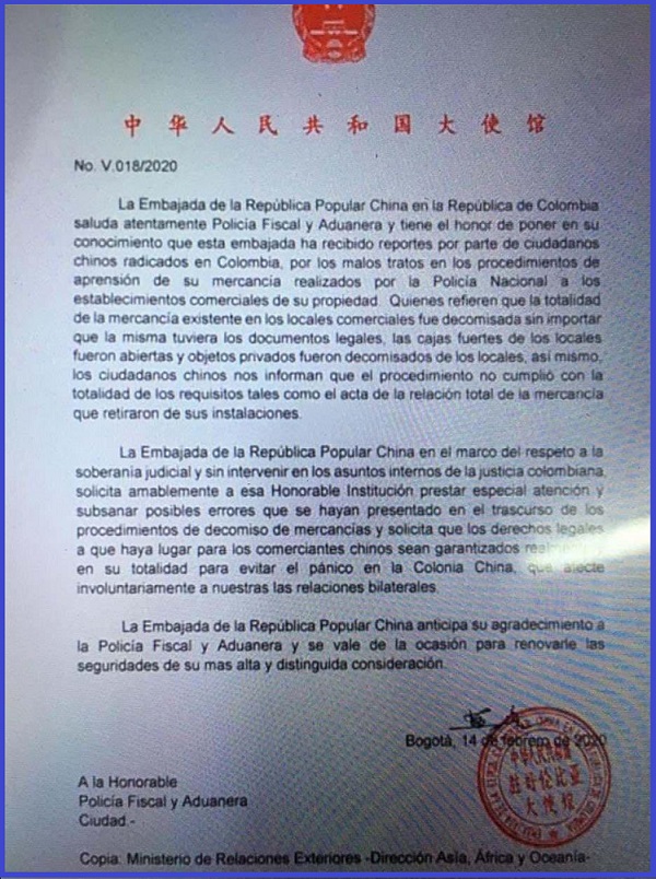 Carta de la la embajada China.