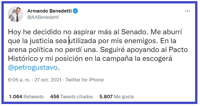 Trino del senador Armando Benedetti, anunciando que no volverá al Congreso de la República.