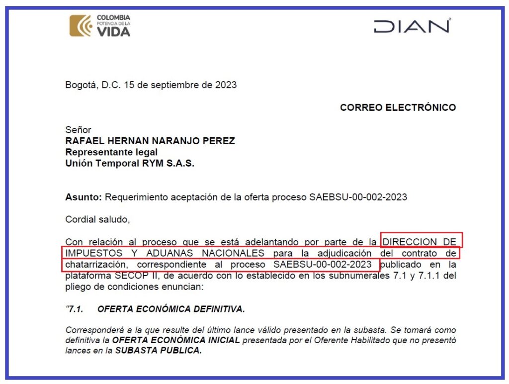 Aceptación de la oferta de Rafael Naranjo.