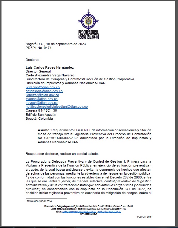 Documento de la Procuraduría a Luis Carlos Reyes.