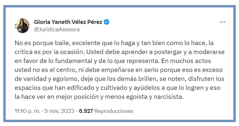 Este es el comentario de la abogada Gloria Janeth Vélez Pérez, ante la “imprudencia” de la Primera Dama, Verónica Alcocer, en el marco del XXXVIII Encuentro Nacional de Bandas, en Sincelejo (Sucre).
