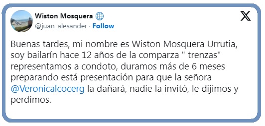 Wiston Mosquera Urrutia critica a la Primera dama.