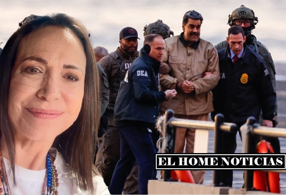 María Corina Machado, hoy eje del debate sobre la transición democrática, aparece en primer plano frente a la imagen de Nicolás Maduro.