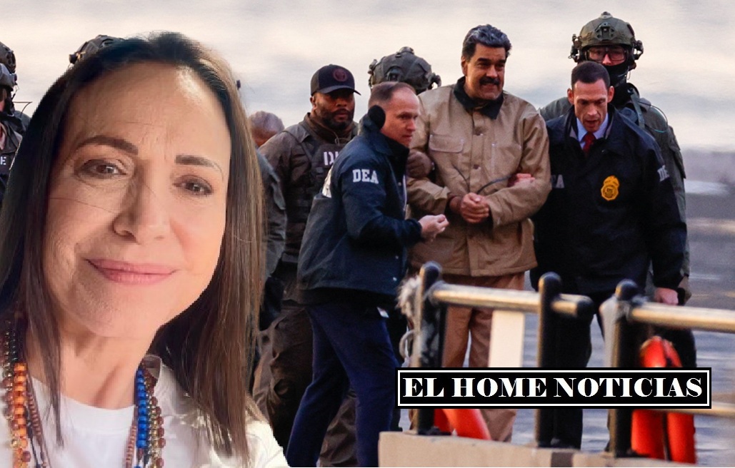 María Corina Machado, hoy eje del debate sobre la transición democrática, aparece en primer plano frente a la imagen de Nicolás Maduro.