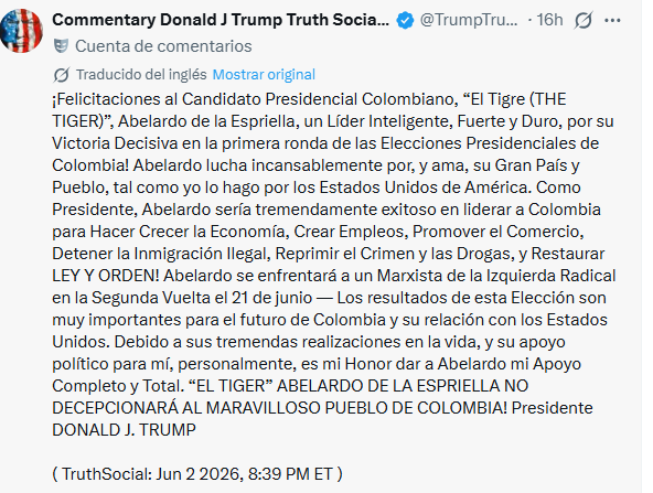 El presidente de los Estados Unidos Donald Trump apuesta por Abelardo De la Espriella: respaldo total desde Washington a días de la segunda vuelta presidencial en Colombia.