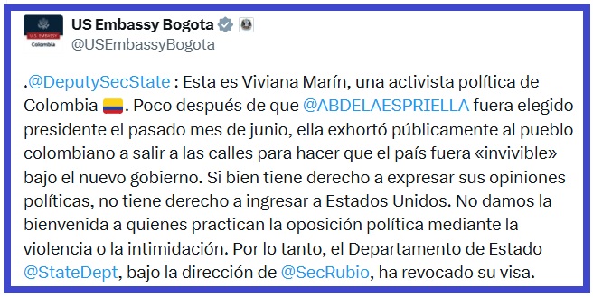 Este es mensaje, publicado en la cuenta de X, de la Embajada de los Estados Unidos en Colombia