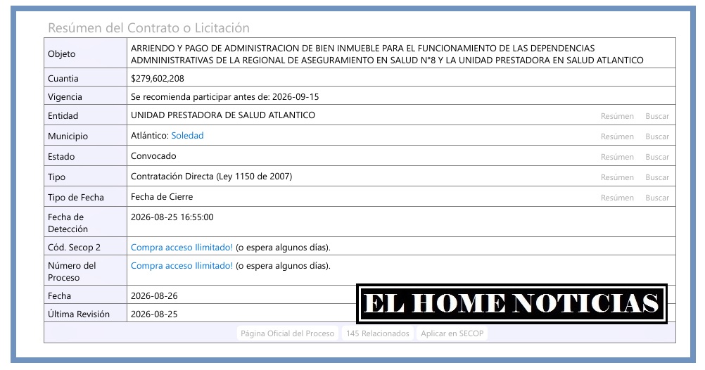 Este es el pantallazo de los datos que figuran en el SECOP relacionado con el millonario contrato por un arrendamiento de la Policía en Barranquilla